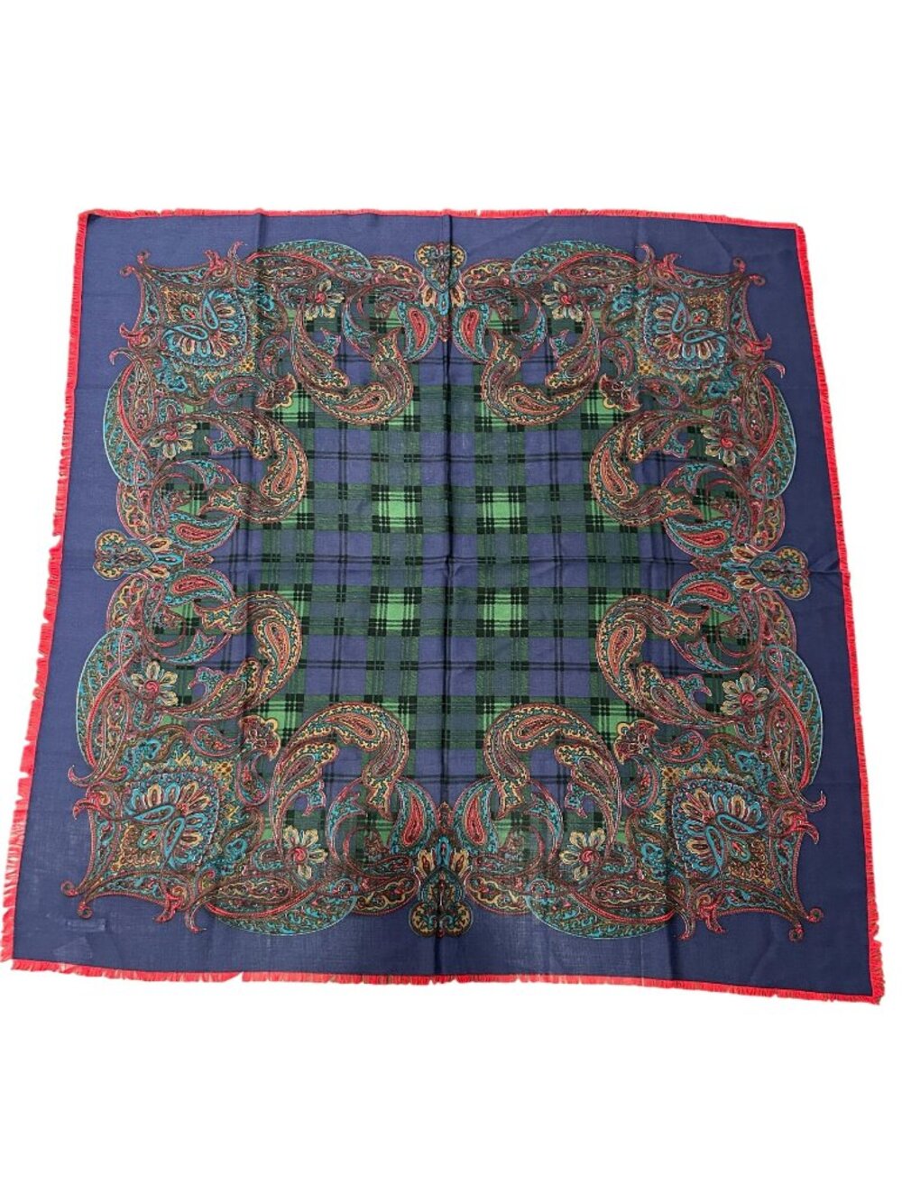 Talbots Purple Green Wool Paisley Plaid Square Scarf 45"x45" Vintage NWT